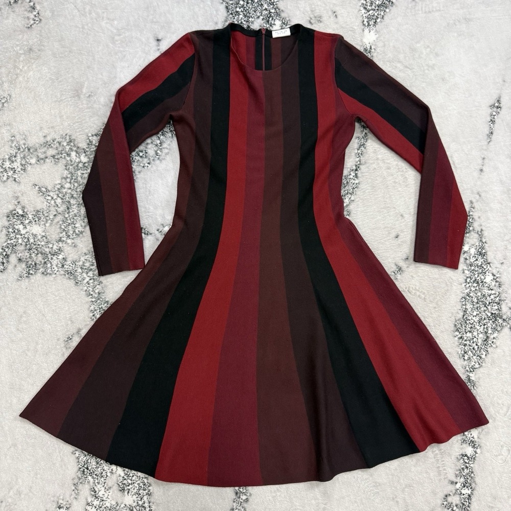 Akris Punto Wool Knit Dress Sz 8 Red Black Stripe Long‎ Sleeve Fit Flare Italy